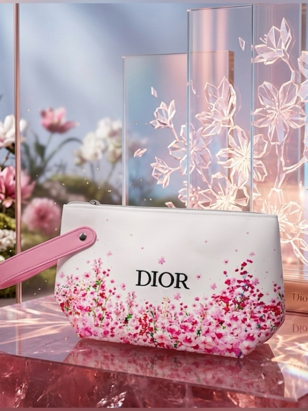 Miss Dior White & Pink Floral Cosmetic Pouch  Dior Bloom Makeup Fabric Pouch